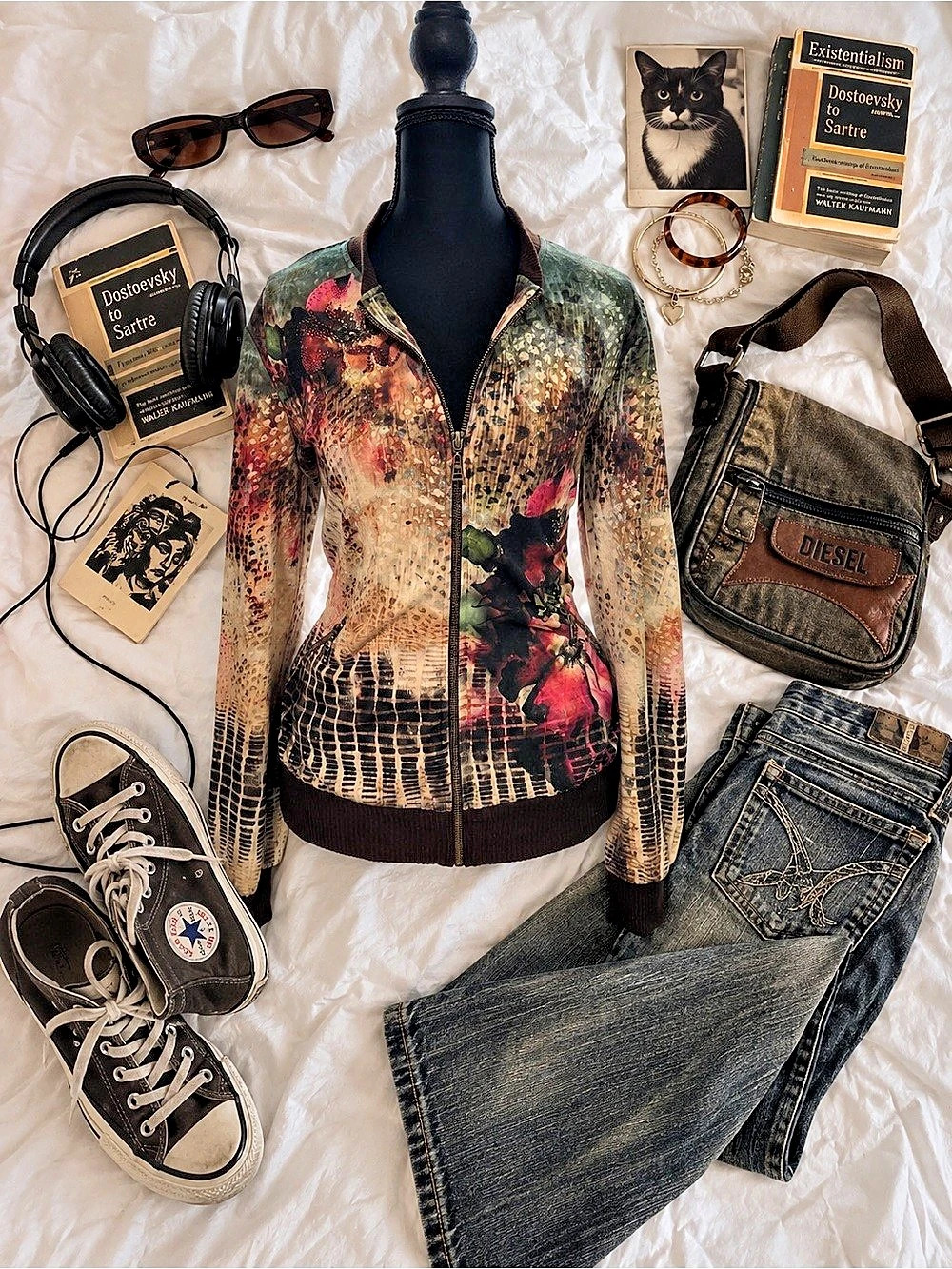 Y2K B.L.E.U. Floral Rhinestone Bomber Jacket Womens M Abstract Zip Up Vintage